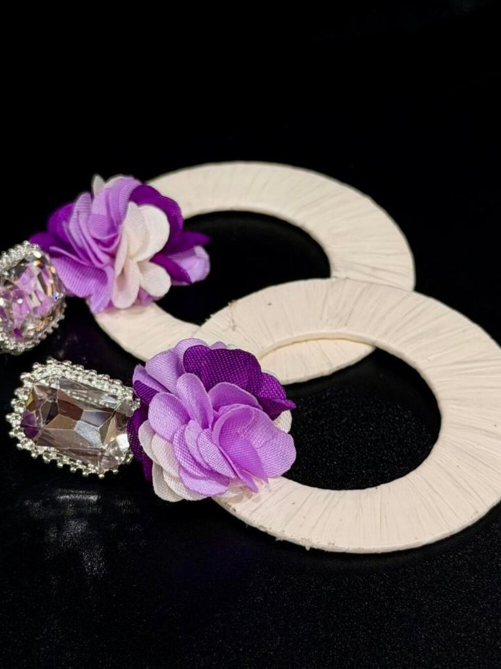 White Hoop Earrings Purple & White Fabric Flowers Rhinestones